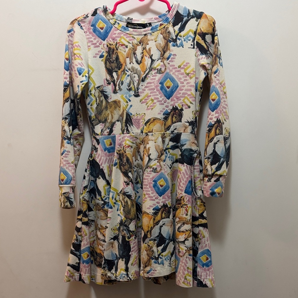 Rock Your Kid Multicolor Horse Print Long Sleeve Dress Size 5 With Pockets